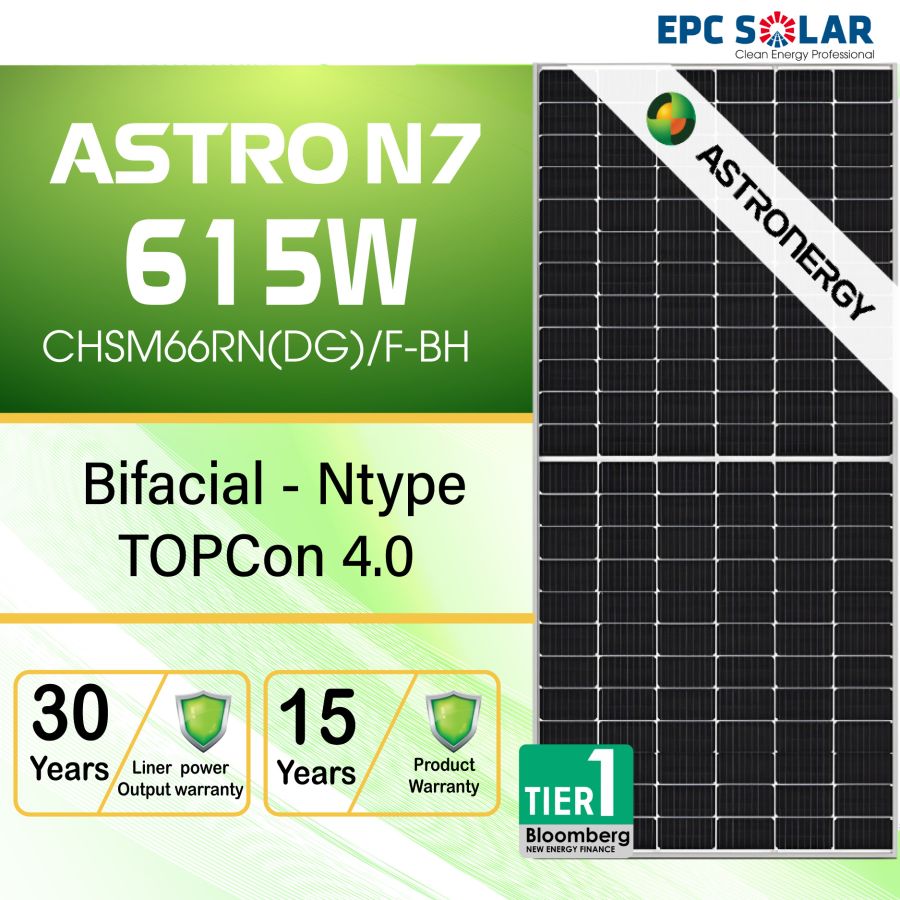 Astronergy Solar Panel |Astro N7 615W| ASTRO N7-CHSM66RN(DG)/F-BH-Bifacial Series